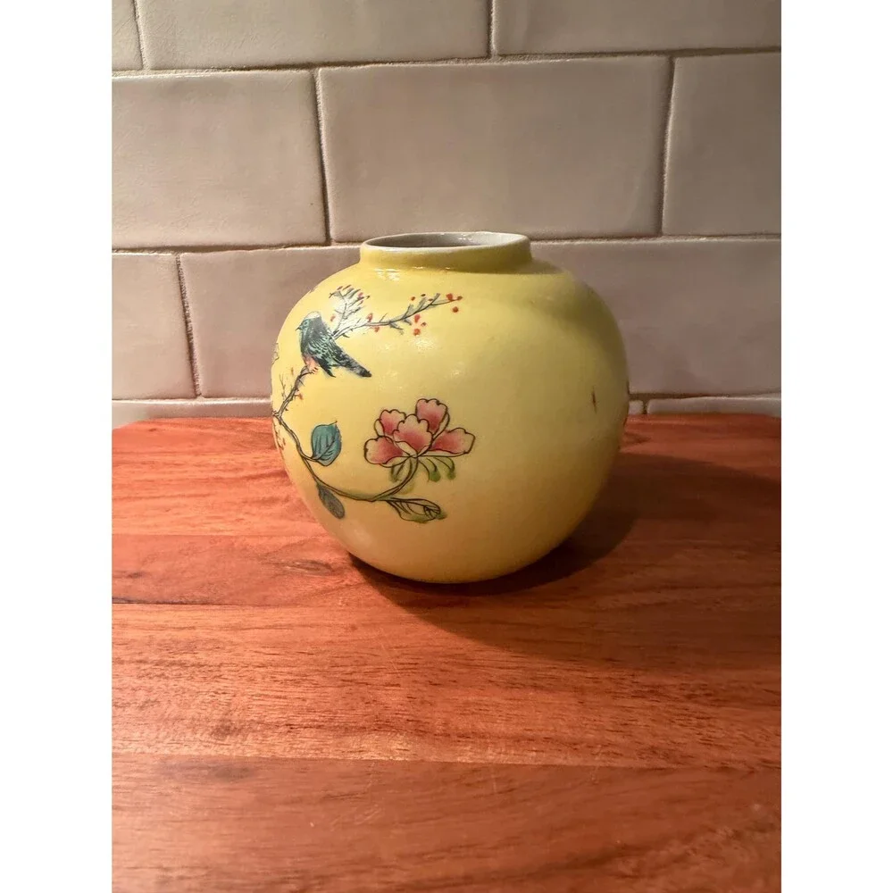 Vintage Yellow Chinoiserie Bud Vase, Japanese Famille Jaune Porcelain